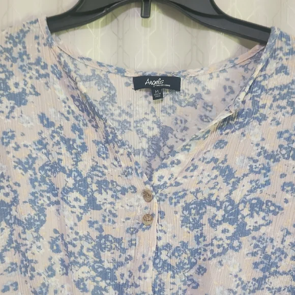 Angels Blue and White Tie Front Short Sleeve Blouse - Picture 3 of 13